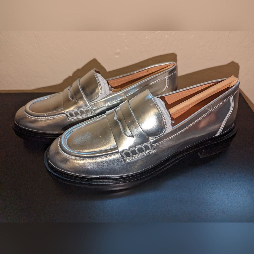 Madewell Metallic Silver Penny Loafers